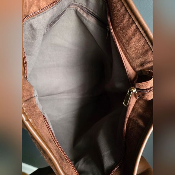 Chocolate Brown Faux Suede Faux Leather Bow Tote 16x11x6'D Books Beach Gym - Picture 7 of 8